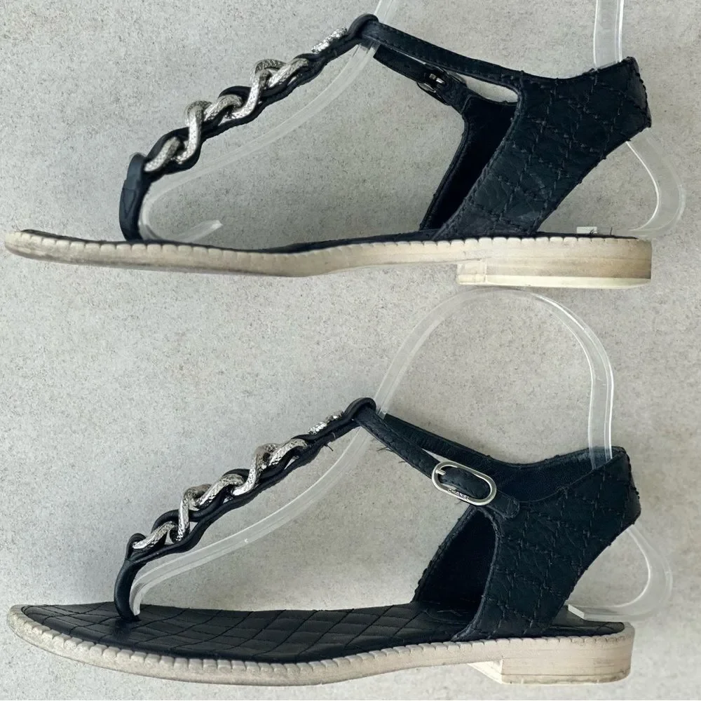 Chanel CC Logo Chainlink Quilted Black Leather Flat Ankle T- Strap Sandals Sz 37 - Picture 7 of 11